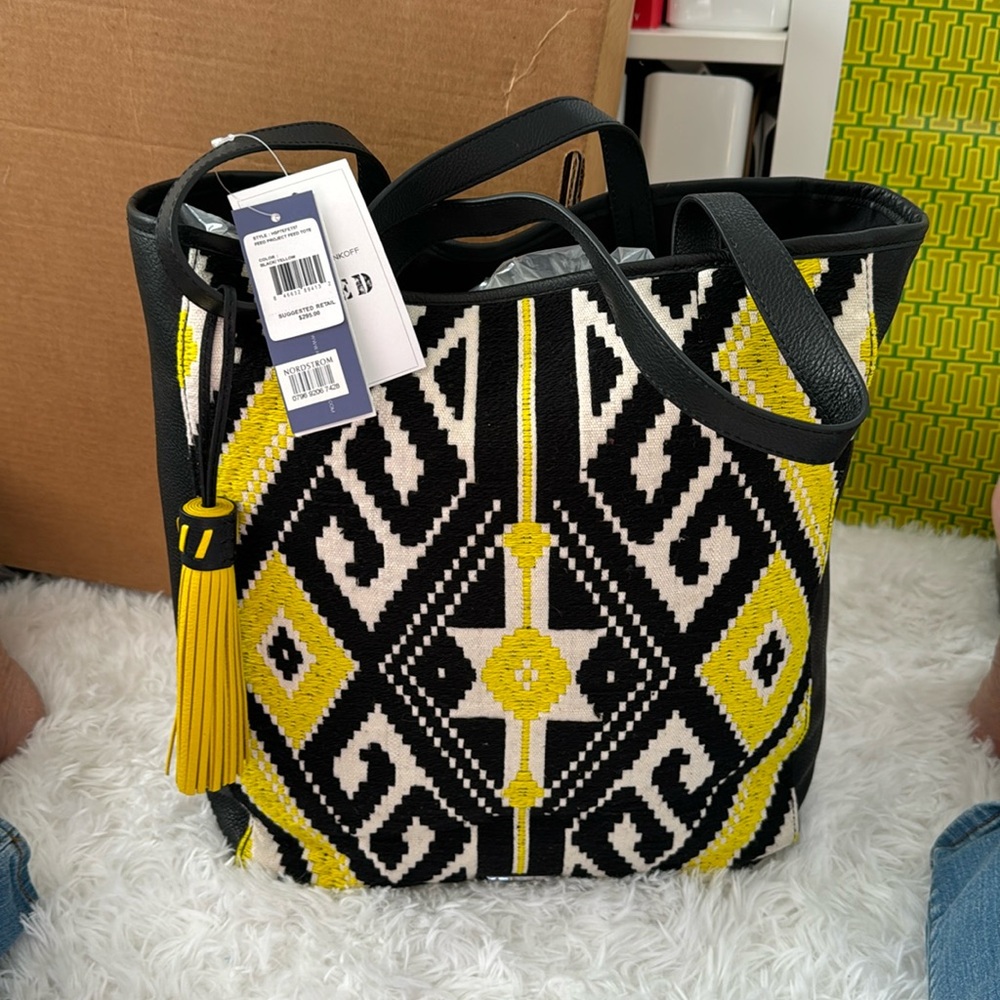 Rebecca Minkoff tapestry leather and canvas interior tote. NWT